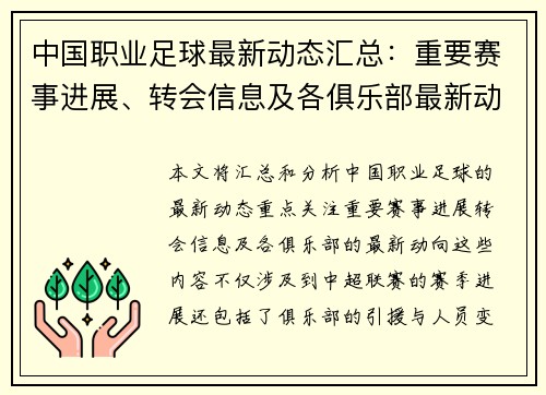 中国职业足球最新动态汇总：重要赛事进展、转会信息及各俱乐部最新动向分析