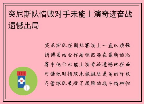 突尼斯队惜败对手未能上演奇迹奋战遗憾出局