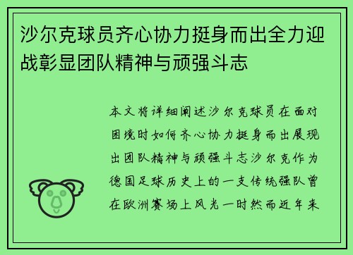 沙尔克球员齐心协力挺身而出全力迎战彰显团队精神与顽强斗志