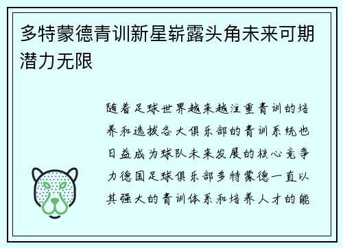 多特蒙德青训新星崭露头角未来可期潜力无限