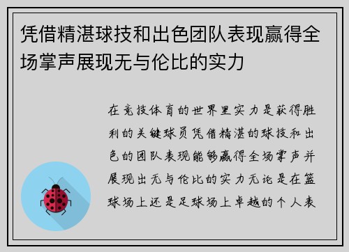凭借精湛球技和出色团队表现赢得全场掌声展现无与伦比的实力