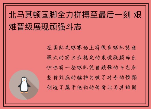 北马其顿国脚全力拼搏至最后一刻 艰难晋级展现顽强斗志