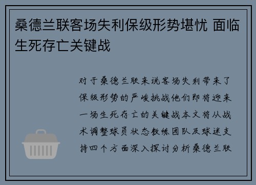 桑德兰联客场失利保级形势堪忧 面临生死存亡关键战